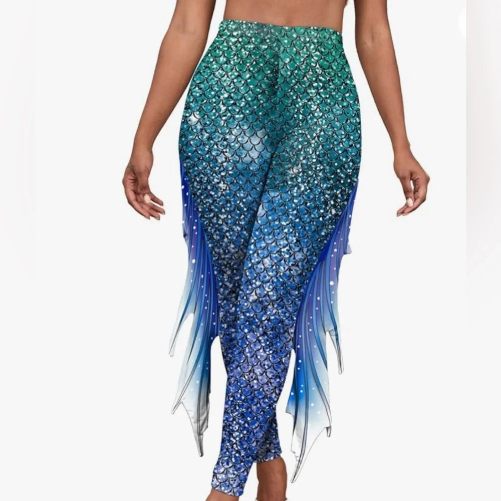 MERMAID YOGA PRINT LEGGINGS GREEN BLUE WOMENS SIZE 4 - Picture 1 of 8
